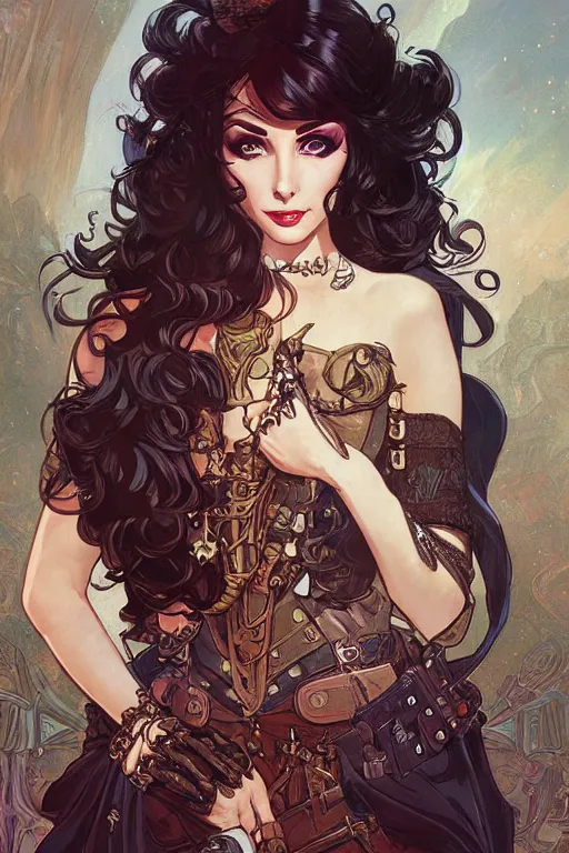 Image similar to evil elizabeth taylor steampunk half - cyborg cowgirl, pelt coats, high fantasy, dnd, smooth, sharp focus, illustration, highly detailed, digital painting, artstation, concept art, by rossdraws, alphonse mucha, frank fanzzeta, collectible card art