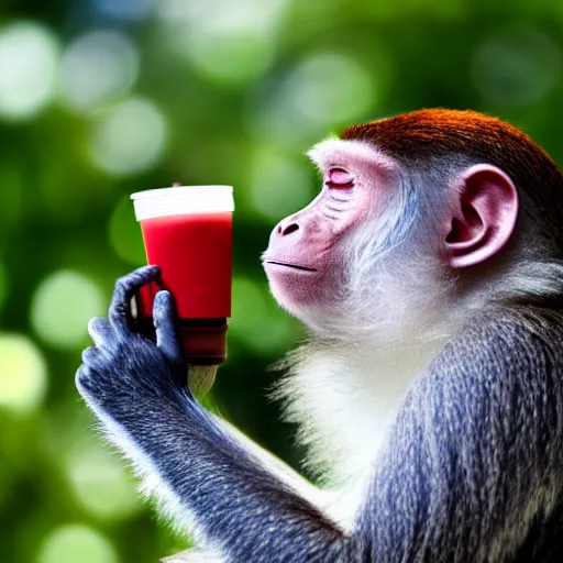 Image similar to monkey drinking water at McDonald’s, 4k, 8k, realistic,