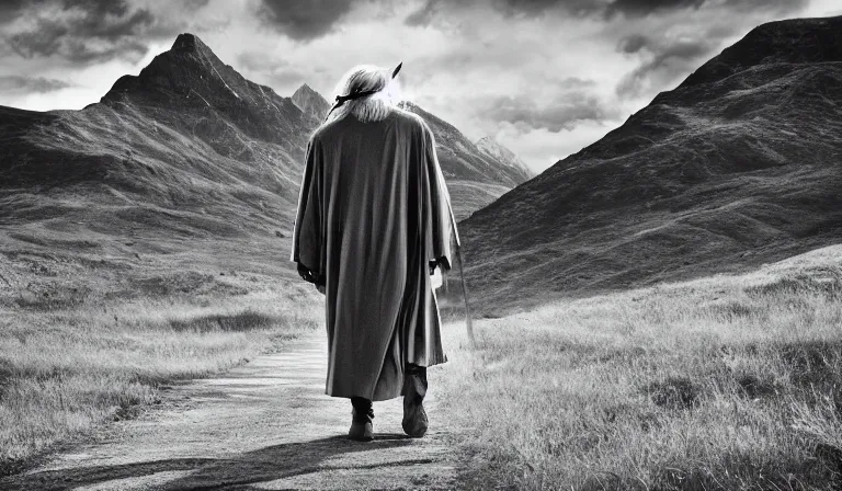 Prompt: gandalf walking down a path, mountains in the distance, landscape, epic, in the style of akira kurosawa, cinematic, dramatic lighting, film grain