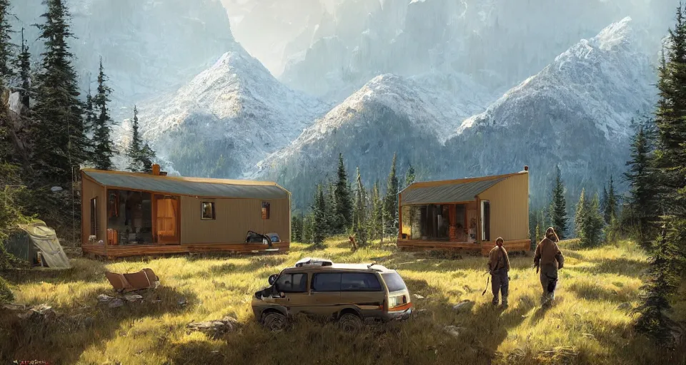 Image similar to cabela's beautiful comfortable community of modular insulated wall container home kit - house all weather family dwelling tent house, person in foreground, mountainous forested wilderness open fields, beautiful views, painterly concept art, environmental concept art, concept art illustration, by james gurney, by craig mullins, by greg rutkowski trending on artstation