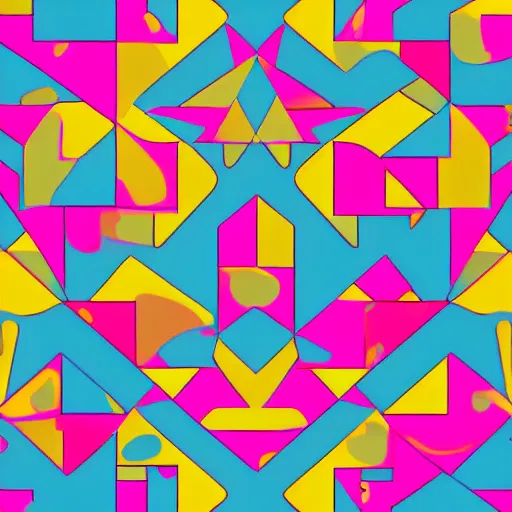 Image similar to a 9 0 s style geometric pattern design, bright colors, very sharp details, painted look, shapes and colors.