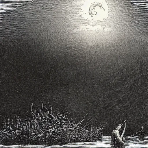 Prompt: silhouette, cthulhu, moon, forest, night, river, chiaoscuro, grass, clouds, water, illustration by Gustave Doré