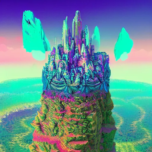 Image similar to artstation vaporwave holographic mandelbulb fantasy floating Mountain city flying Castle in the fluid nebula