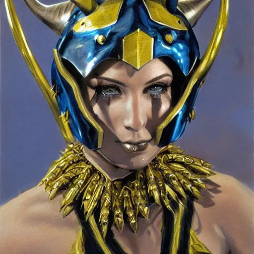 Image similar to painting of a woman in elaborate blue and gold armor with spiked horns on her helmet, painting by Frank Franzetta