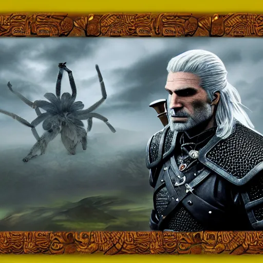 Image similar to Geralt from The Witcher fighting a colossal tarantula 4k oil painting