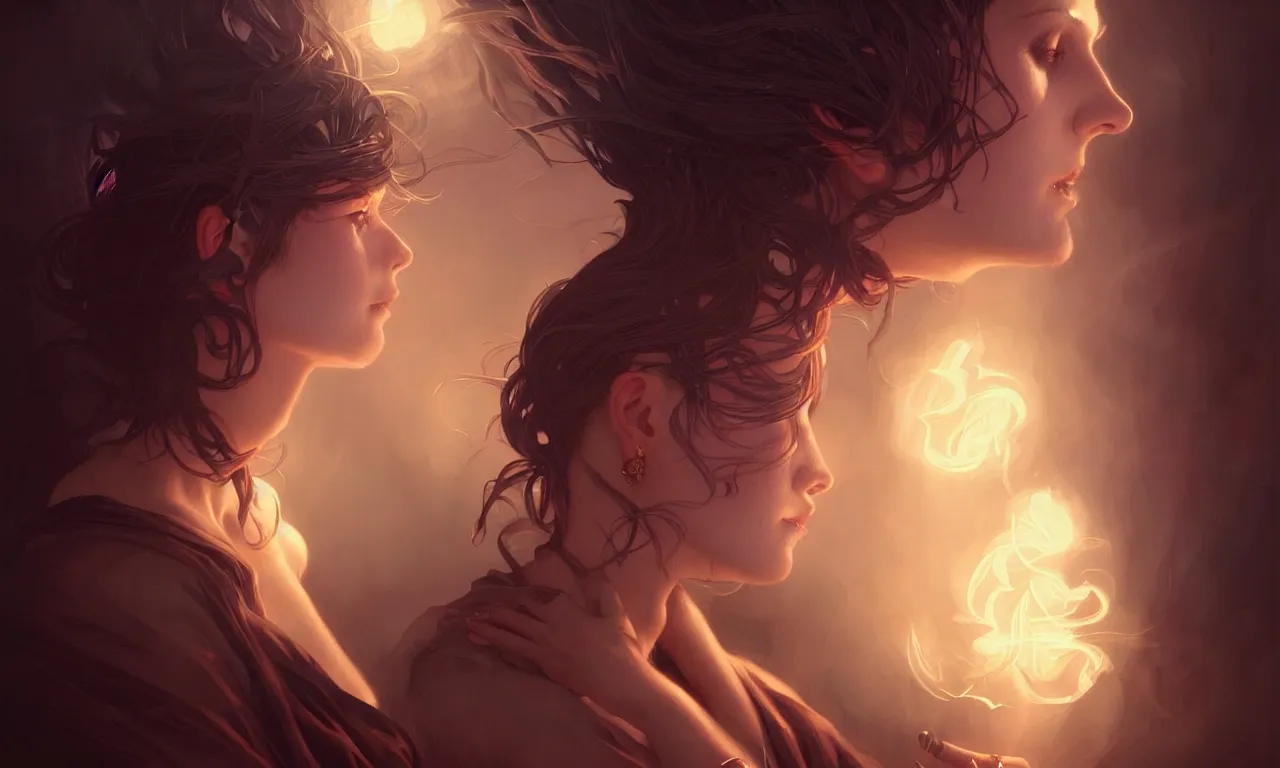 Image similar to A smoking witch closeup filled background around face, fantasy magic, undercut hairstyle, dark light night, intricate, elegant, sharp focus, illustration, highly detailed, digital painting, concept art, matte, art by WLOP and Artgerm and Greg Rutkowski and Alphonse Mucha, masterpiece