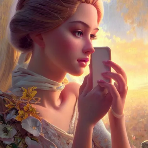 Image similar to a beautiful portrait of barbie looking at her cell phone ; ultra realistic, concept art, intricate details, stunning model, highly detailed, photorealistic, octane render, 8 k, unreal engine. art by artgerm and greg rutkowski and charlie bowater and magali villeneuve and alphonse mucha