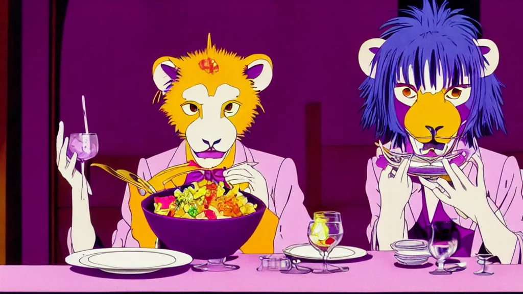 Image similar to a woman wearing a purple dress suit and a purple lion mask eating dinner at a fancy restaurant in Tokyo, anime film still from the an anime directed by Katsuhiro Otomo with art direction by Salvador Dalí, wide lens