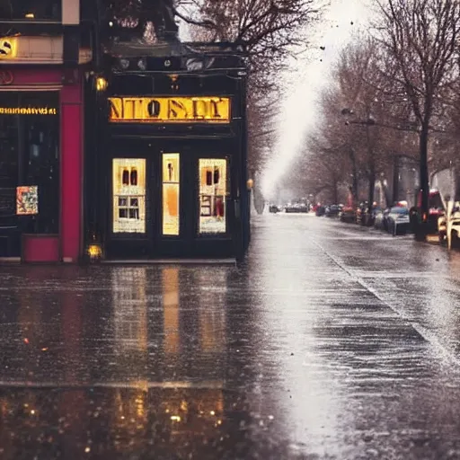 Prompt: in a rainy street, there's a store with a sign that says november