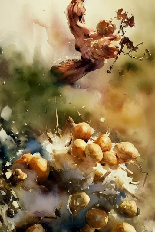 Image similar to paint brush strokes, abstract watercolor painting of hazelnuts, walnuts, art by hans dahl, by jesper ejsing, art by anders zorn, wonderful masterpiece by greg rutkowski, cinematic light, american romanticism by greg manchess, creation by tyler edlin