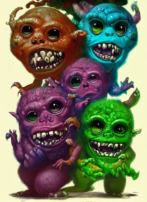 Image similar to cute baby monsters, colorful, digital art, fantasy, magic, trending on artstation, ultra detailed, professional illustration,chalk, poster artwork by Basil Gogos , clean