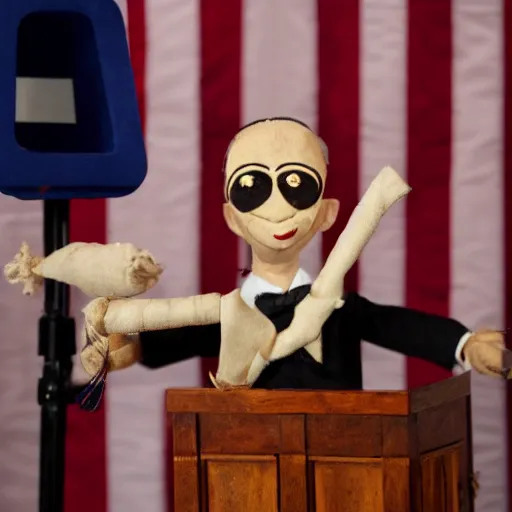 Image similar to puppeteer using marionette of a president in a podium