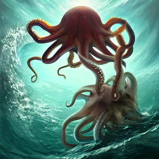 Prompt: a dream fantasy painting of a octopus attack a man in the deep of the ocean, by beksinki, antonio j. manzanedopro greg rutkowski, carne griffith trending on artstation, deviantart, photorealism