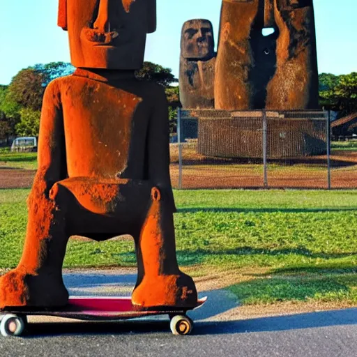 Image similar to moai statue doing a kickflip on a skateboard