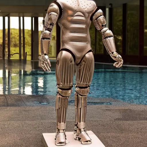 Image similar to a realistic detailed photo of a guy who is an attractive humanoid who is half robot and half humanoid, who is a male android, wrestler bo nickal, shiny skin, posing like a statue, blank stare, by the pool, on display, showing off his muscles, humanoid robot, frozen ice statue