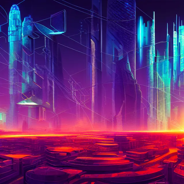 Prompt: futuristic cubes!!!!!! connected with glowing wires, centered, symmetry, painted, intricate, volumetric lighting, beautiful, rich deep colors masterpiece, sharp focus, ultra detailed, in the style of dan mumford and marc simonetti, with a clear crowded futuristic cyberpunk dubai city in the background, astrophotography