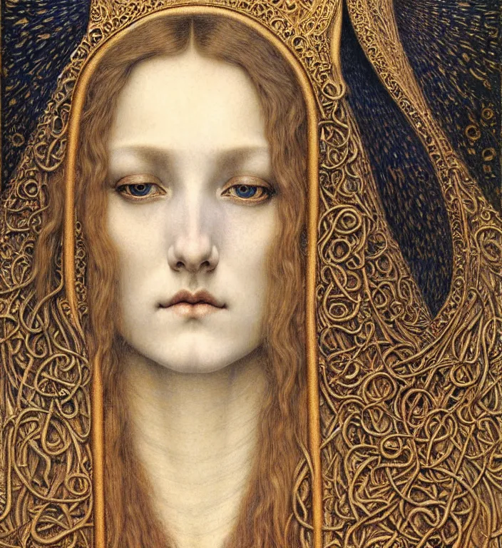 Image similar to detailed realistic beautiful young medieval queen face portrait by jean delville, gustave dore and marco mazzoni, art nouveau, symbolist, visionary, gothic, pre - raphaelite. horizontal symmetry