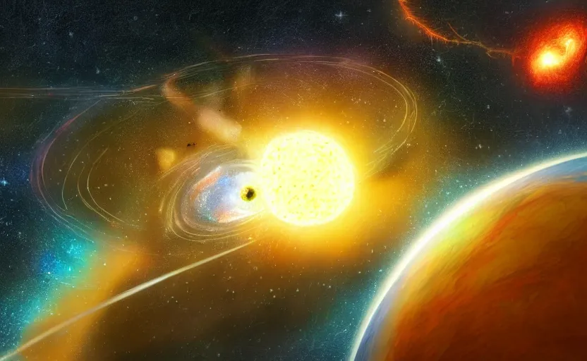 Image similar to A Quasar destroys a planet which explodes, digital Art, Highly Detailed