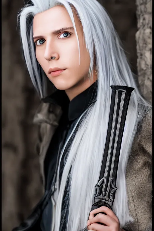 Prompt: A full portrait photo of sephiroth, f/22, 35mm, 2700K, lighting.