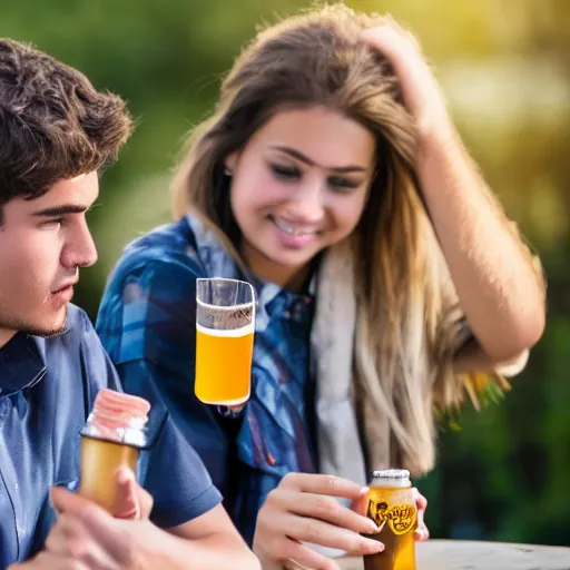 Image similar to very nervous male college student on his first date with a very attractive female at college shotgunning a beer on his birthday, in real life, hyper realistic, realistic, great detail, very very detailed, detailed, 8 k, 4 k uhd