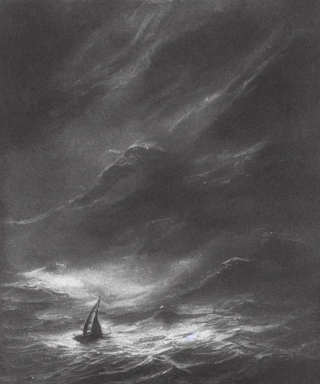 Image similar to photo of a 1 9 2 5 seiner sailing with the jamaican shoreline with the mouth of a sea cave at the waterline, dark, brooding, atmospheric, seascape, lovecraft, horror, smooth, epic, highly detailed, cinematic