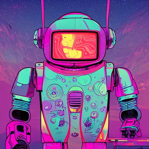 Prompt: kawai robot illustration vivid color borderlands by josan gonzales and dan mumford radiating a glowing aura