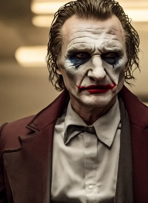 Image similar to Liam Neeson in the role of the Joker, realistic, studio photography, 4k, detailed face, cinematic lighting