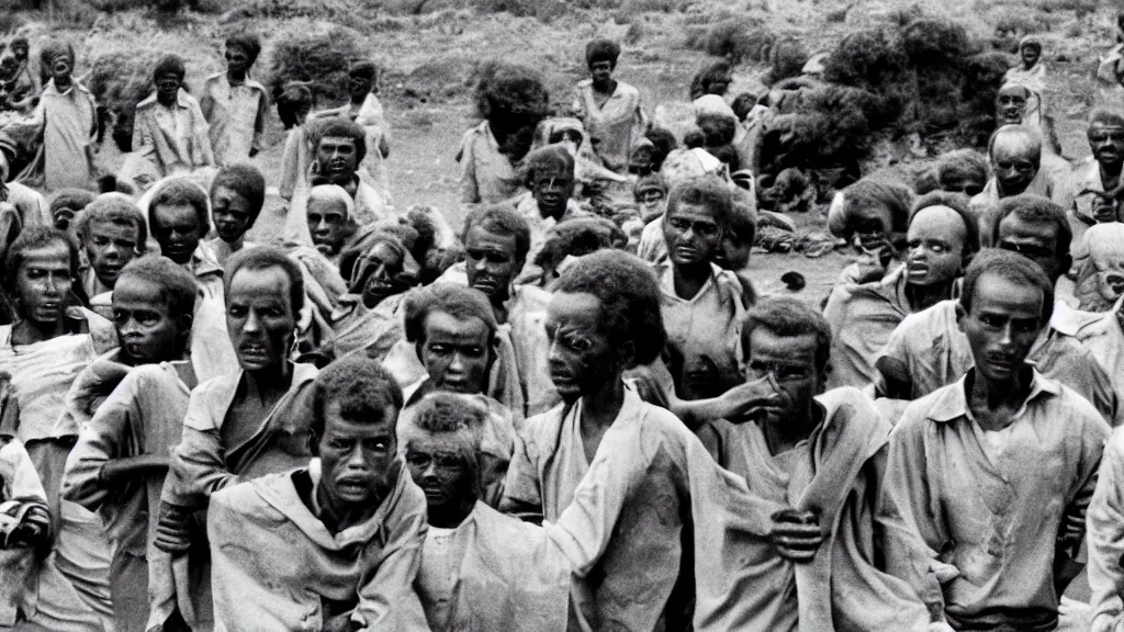 Prompt: 1 9 8 4 ethiopian famine, a news report by bbc, 8 k