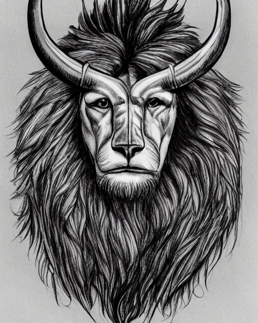 Prompt: human / eagle / lion / ox hybrid with two horns, one big beak, mane, human body. drawn