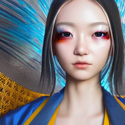 Prompt: centered portrait of a slight happy cyberpunk 3D beautiful Japanese girl in kimono, hyperdetailed eyes, beautiful eyes, digital painting, trending on Artstation, cel-shading style, CG society, hyperdetailed, digital painting, hypermaximalist, golden ratio, volumetric, octane render, weta digital, micro details, 3d sculpture