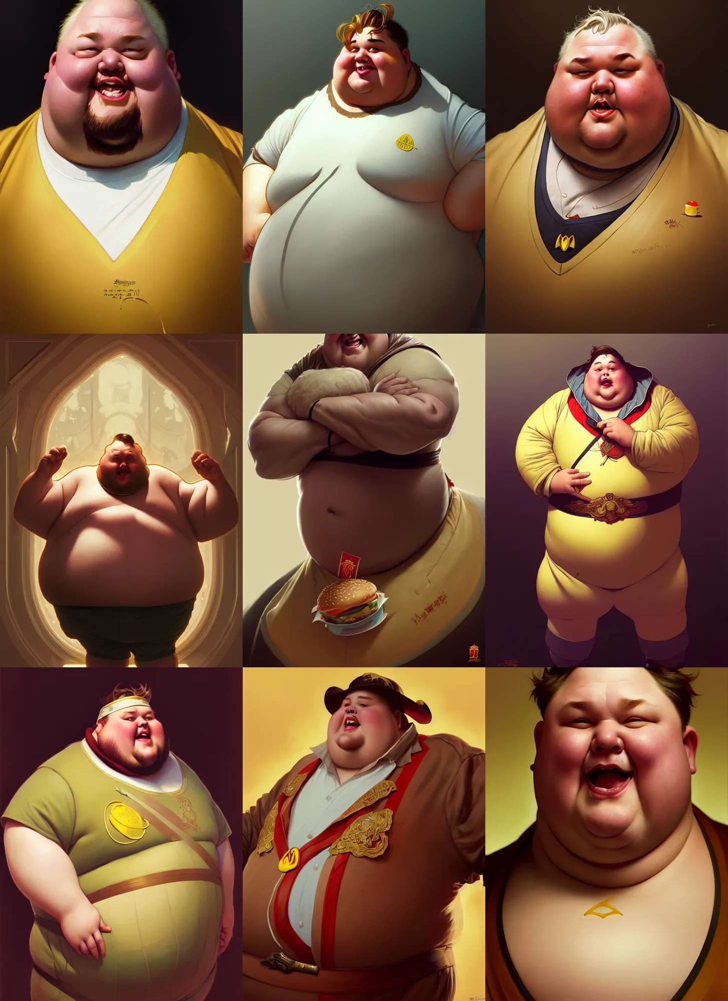 Prompt: Portrait of very fat dude in Ronald Macdonalds costume, intricate, highly detailed, digital painting, artstation, concept art, illustration, 4k, art by Yintion J and Jiang Geping and artgerm and greg rutkowski and alphonse mucha