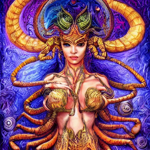 Image similar to portrait of a scorpion goddess, full body shot, fantasy, whimsical, horror, art by josephine wall and and hr geiger and chengwei pan and amanda sage, intricately detailed, highly detailed, luxurious, elegant, clean, unsettling, trending on artstation