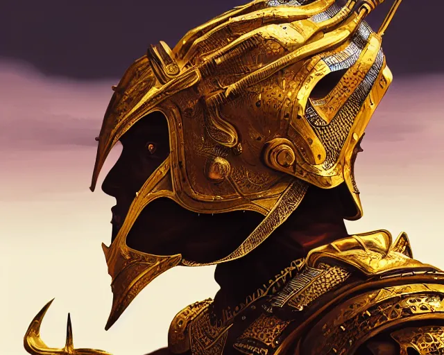 Prompt: hyper - realistic side view painting of the king of the desert, angry, gold armor, sword, dramatic lighting, intricate, wild, highly detailed, digital painting, artstation, concept art, smooth, sharp focus, illustration