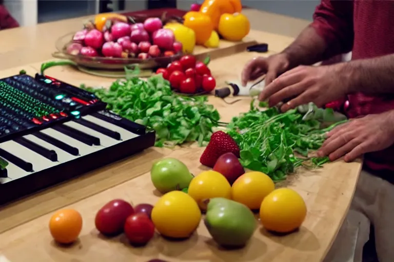 Image similar to film still of fresh fruits and vegetables making beats in the studio on an mpc