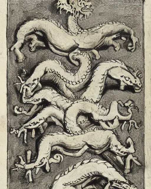 Image similar to a dragon with four heads. one human head, second eagle head, third lion head, fourth ox head. drawn by francis bacon