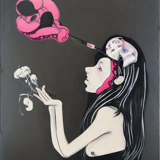 Image similar to a portrait in a female artist's bedroom, black walls, emo girl riding an inflatable pig, sheet music, berries, surgical supplies, pancakes, black flowers, sensual, octopus, neo - expressionism, surrealism, acrylic and spray paint and oilstick on canvas