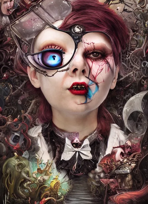 Image similar to alice in wonderland, angry, scary, cheeky, steampunk googles, highly detailed, cinematic, 8 k, by megan duncanson, benjamin lacombe, adrian borda, stanley artgermm, tom bagshaw, craig mullins, carne griffiths, ayami kojima, beksinski, giger, trending on deviantart, hyper detailed, horror, full of colour