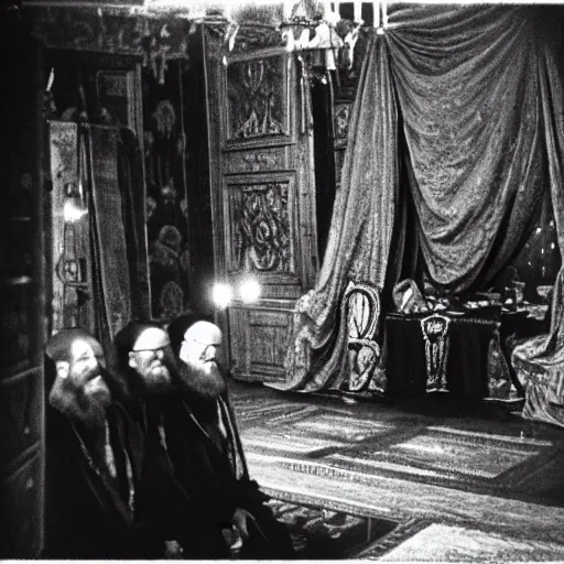 Image similar to ivan the terrible in his chamber in moscow kills the time, kodak, old photo, black and white, film, wide lens, 1 6 mm,