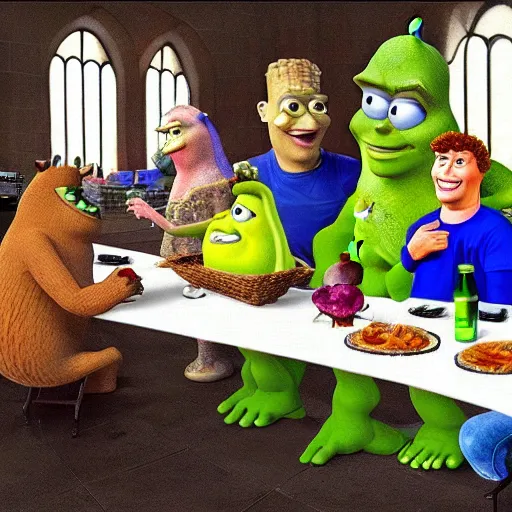 Image similar to mark zuckerberg, 3d spongebob and shrek in the last supper