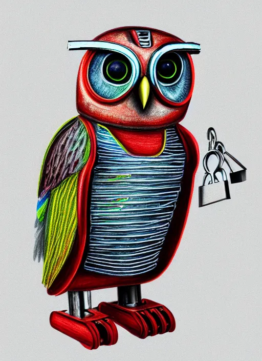 Image similar to colored pencil and pen drawing of an animatronic robot owl, bird made from rusty old keys and padlocks, 4 k photorender realityengine