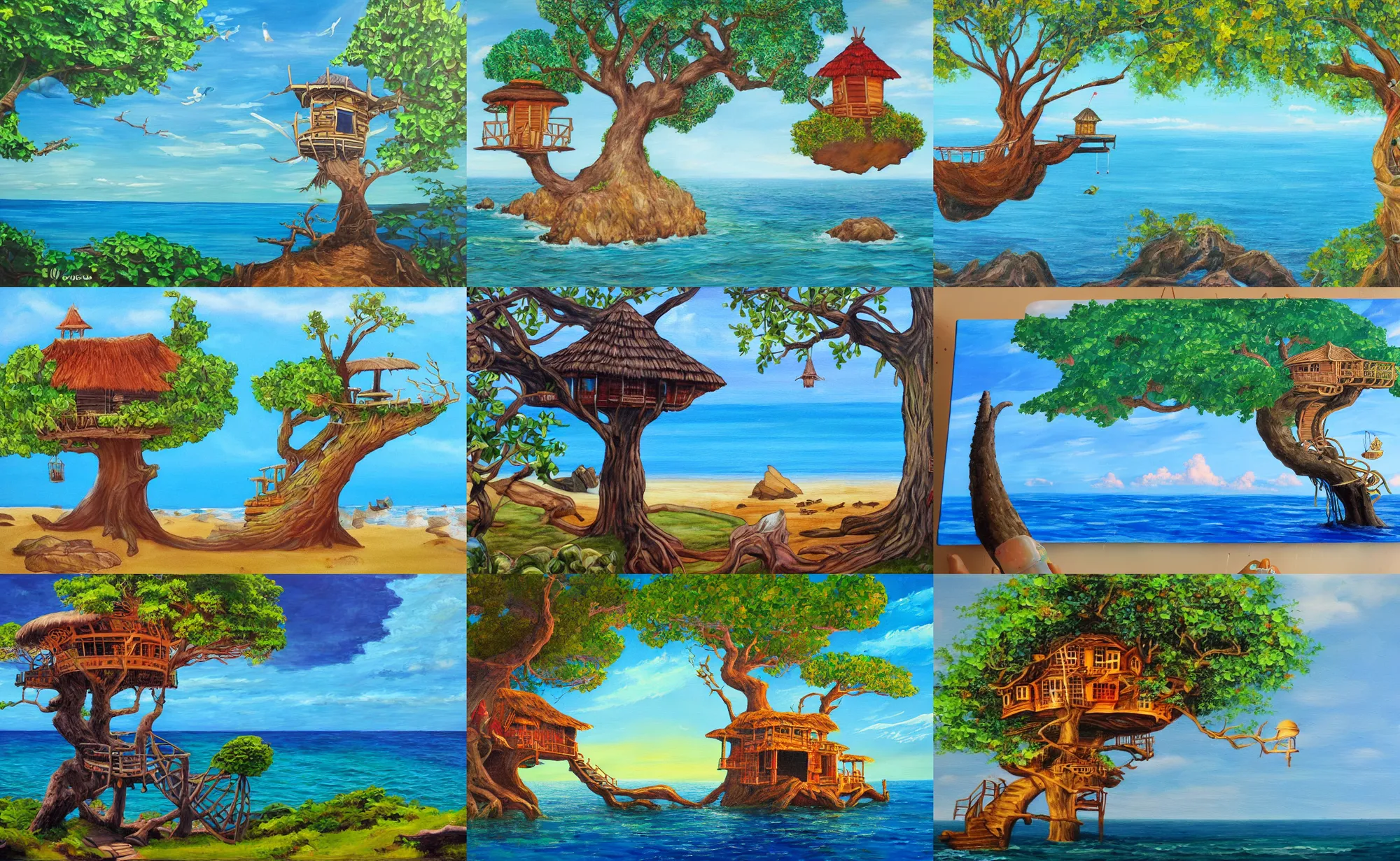 Prompt: panel painting of a mystical island treehouse on the ocean