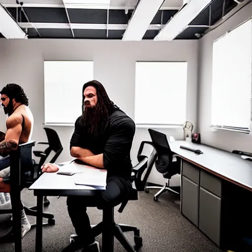 Prompt: professional wrestlers scattered around a small office room and all of them are helping do taxes and accounting, WWE, wrestlers, office room, bright lighting, messy desks, digital photo