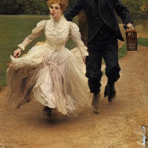 Prompt: young victorian man and woman traversing a maze, painted by alfred stevens