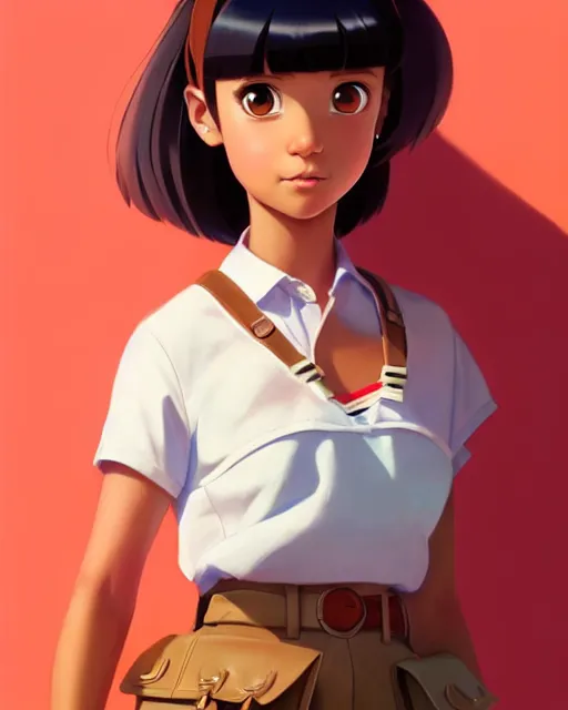 Image similar to real girl dora the explorer wearing her cloth made from leather, fine detail!! anime!! realistic shaded lighting!!, kim hyun joo, digital painting by ilya kuvshinov, magali villeneuve, artgerm, jeremy lipkin and michael garmash and rob rey