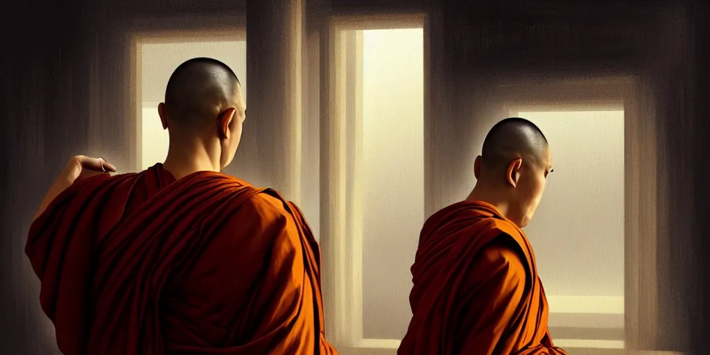 Prompt: Ultra realistic illustration, buddhist monk looking at himself in the mirror, cyberpunk, sci-fi, fantasy, intricate, elegant, highly detailed, digital painting, artstation, concept art, smooth, sharp focus, illustration art in the style of artgerm, by greg rutkowski, by albrecht durer,