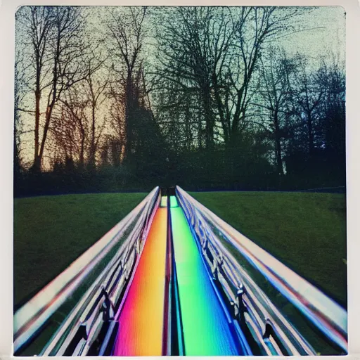 Image similar to a colour Polaroid photo of an illuminated escalator with iridescent Perspex panels in a field, nostalgic