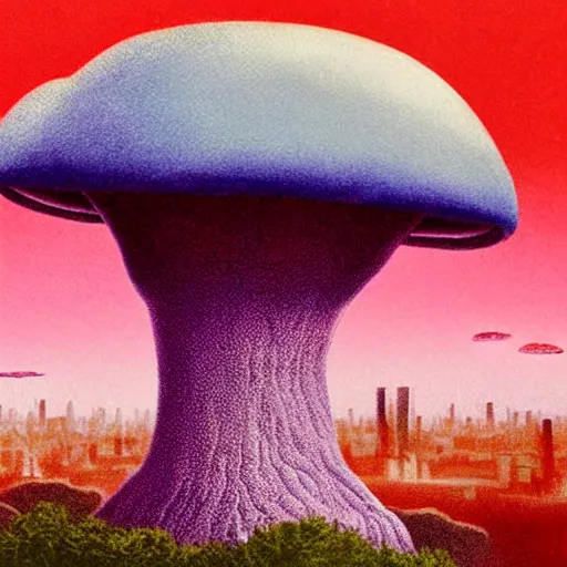 Image similar to a giant, nightmarish mushroom looking over an exotic city on the horizon, a mushroom forest, a red and purple mist filled with eyes