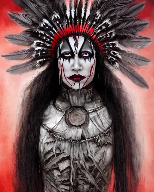 Image similar to lady native sisters ghost - spirit of the grim - warpaint wears the scarlet skull armor and native blood headdress feathers, midnight fog - mist!, dark oil painting colors, realism, cinematic lighting, various refining methods, micro macro autofocus, ultra definition, award winning photo, photograph by ghostwave - gammell - giger - shadowlord