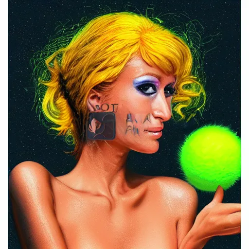 Image similar to a Paris Hilton, woman, paris hilton tennis ball monster, tennis ball, chalk, digital art, fantasy, magic, trending on artstation, ultra detailed, professional illustration by Basil Gogos