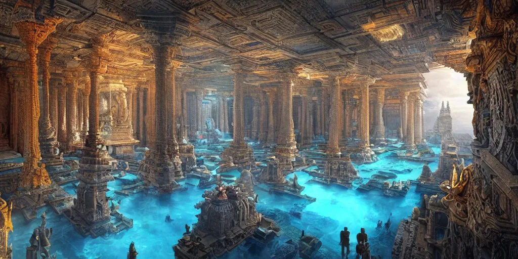 Prompt: Breath taking cinematic movie scene, in the style of Ridley Scott and James Cameron, hyper realistic, 200mm wide shot, hyper detailed, precise architectural rendering, interior of an underwater India temple in ancient Dwarka with giant blue glowing Krishna statue with ornate Indian temple architecture, multicoloured fish, god days, volumetric light, crowds of people, highly detailed architecture, crystalline, detailed illustration, sharp focus, concept art, unreal engine, octane render H 768